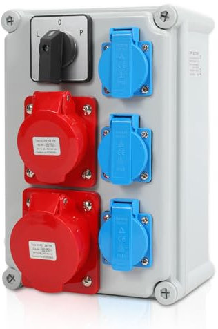 Izrielar Distributore a parete, 3 x 16 A/230 V/IP44 Schuko, distributore di corrente a 5 poli, con interruttore, tubo in gomma di alimentazione, presa di sicurezza