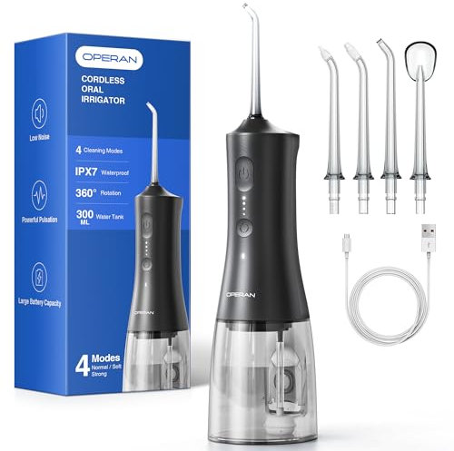 Operan Water Flossers for Teeth Cordless, 300ML Oral Irrigator Rechargeable Electric Flosser with 4 Modes 4 Jet Tips IPX7 Waterproof Dental Water Flosser for Home Travel (Black, 1Pack)