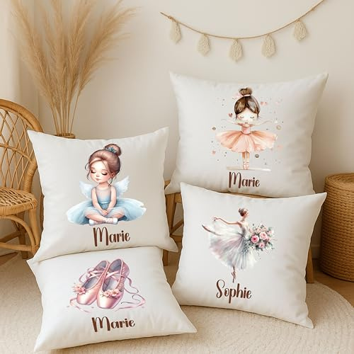 wolga-kreativ Personalisiertes Kinderkissen mit Namen 40x40 cm Ballerina Design Fuer Maedchen Wahlweise mit Fuellung Weiches Dekokissen Kinderzimmer Geschenk zur Geburt Taufe Geburtstag