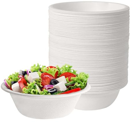 Rynvarl 50 Zuckerrohr Schalen 350 ml – Einweg Suppenschalen aus Bagasse, Biologisch Abbaubar & Kompostierbar – Auslaufsicher, Für Heiß & Kalt – Einwegschalen für Suppe, Salat, Dessert – Weiß