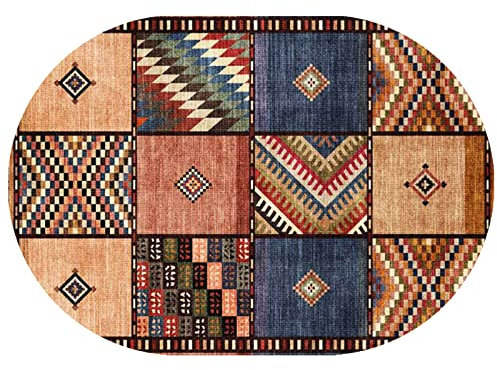 Modern Oval Area Rug 180x200 cm Multicolor Brown Patchwork Design for Living Room & Bedroom Traditional Oriental Home Decor Stylish Indoor Carpeting