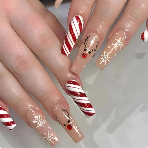 NICENEEDED 24 PCS Ongles à Coller de Noël Faux Ongles Courts et Carrés avec Motif Flocon de Neige Faux Ongles d'hiver de Noël pour Femmes Manucure Artistique