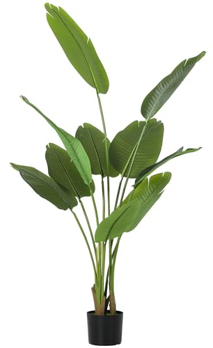 HOMCOM 160cm Tall Artificial Bird of Paradise Plant, Faux Banana Leaf Tree with PEVA Leaves and Flocking, Decorative Palm Tree in Pot for Home Office Decor, Green