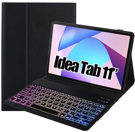 SUEEWE Tastatur Hülle für Lenovo Idea Tab Tablet 11, TPU Rückseite Hülle mit 3 Bereich 7 Farbe Beleuchtete Abnehmbarer QWERTZ Tastatur, Schwarz