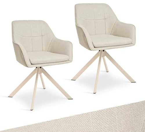 Goeurvant Esszimmerstühle Drehbar 2er Set mit Armlehne – 360°Drehbar Polsterstuhl Modern Drehstuhl Küchenstuhl mit Beige Metallgestell und Lehne für Esszimmer, Büro, Beige