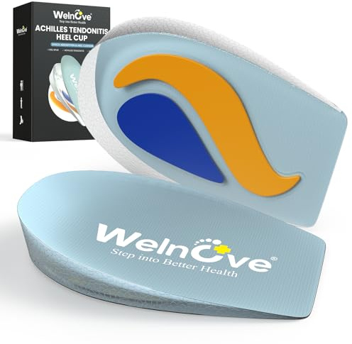 Gel Heel Cups for Achilles Tendonitis - Welnove TPE Shock Absorption Heel Pads, Washable Heel Cushion Inserts for Heel Spur Pain Relief, Shoe Lift Support for Men Women Blue,S
