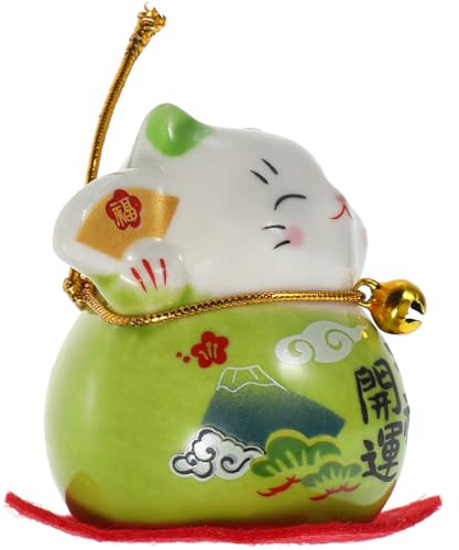 POPETPOP Statuetta Giapponese Maneki Neko in Ceramica Verde, Ornamento da Scrivania e Decorazione per Auto, Decorazioni per Feste Giapponesi e Arredamento Casa, Idea Regalo Romantica e Decorativa