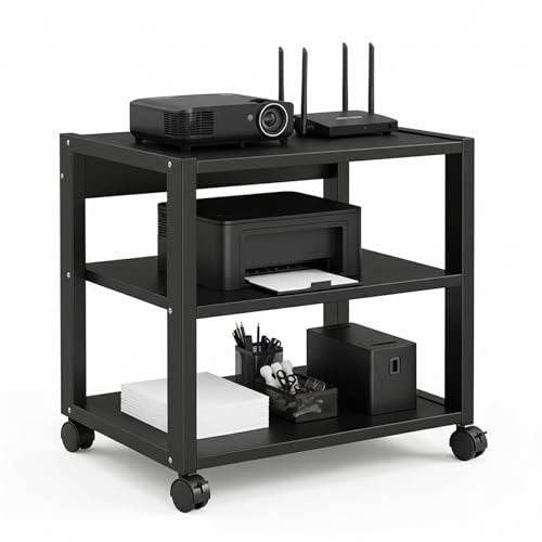 GTYMTTX Soporte Impresora con Ruedas y 3 Niveles, Mueble HiFi Robusto para Amplificador y Tocadiscos, Mesa Auxiliar Metálica para Oficina y Hogar, Estante Ajustable, Negro