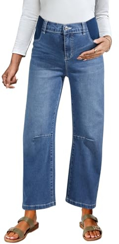 BLENCOT Women's Maternity Jeans Elastic Hight Waist Stretch Wide Leg Barrel Jeans Pregnancy Cloth Denim Pants Jeans Side Panel Loose P605 Blue S