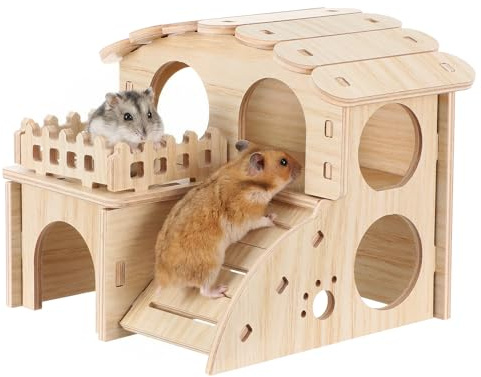HJZHI Vielseitiges Hamsterversteck und Erkundungstunnel, Hamsterhaus mit Kletterleiter aus Holz für Rennmäuse, Hamster, Kleine Haustiere Zubehör(F Stil)
