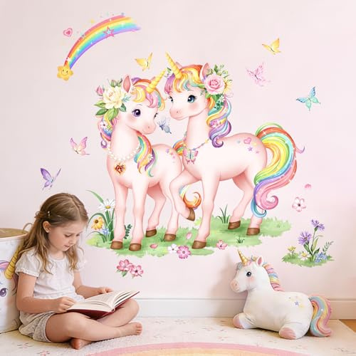 Tanlaby Einhorn Wandtattoo Regenbogen Blumenwiese Schmetterling Pony | Märchenhafte Pony für Mädchenzimmer Babyzimmer Schlafzimmer