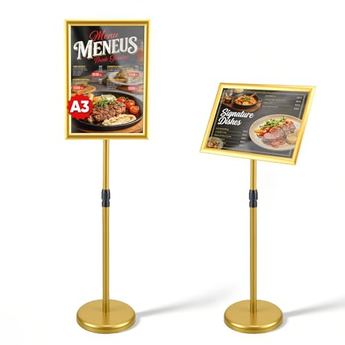 Expositor A3 resistente con base estable, soporte para póster de pie A3, soporte de pie 360°, altura ajustable 70-120 cm, marco de aleación de aluminio, soporte para pantalla interior exterior, dorado