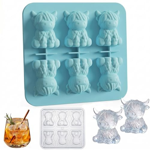 Highland Cow Ice Cube Tray 3D Silicone Mini Ice Cube Mold (Blue) | with Lid for Drinks,Parties,Birthday & Gift