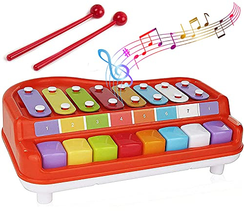 Toysery 2 in 1 Baby Piano Xylophone for Toddlers. Piano Toy Musical Instrument with 8 Multicolored Key Scales in Crisp and Clear Tones. Mallet Included. Ages 18 Months and Above.