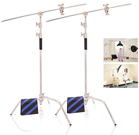 2 x Photographie Support Lumière Vidéo Trépied Eclairage Studio Light Stand C Stand 3m en Acier Inoxydable Réglable Robuste avec 1,27m Bras Girafe et Rotules pour Réflecteur Flash Softbox