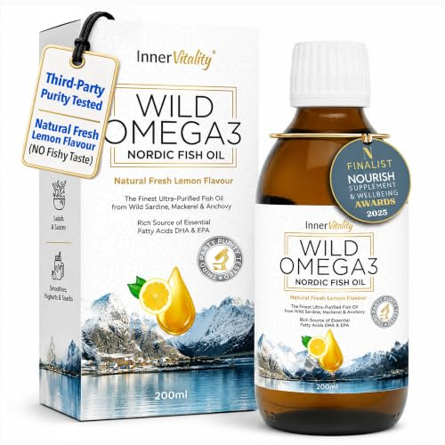 Omega 3 Fish Oil Liquid - Natural Fresh Lemon Flavour with NO Fishy Taste | Third Party Tested, High Strength DHA/EPA - 200ml Made From Wild Caught Nordic Fish Oil Supplement - Inner Vitality