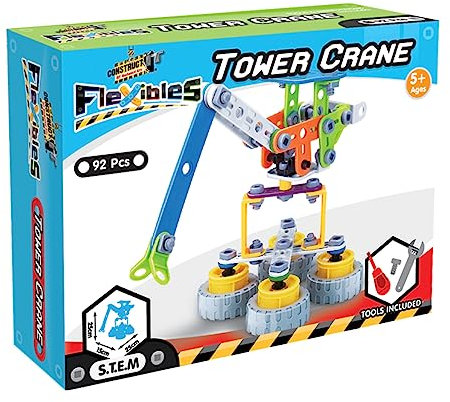 Construct It Flexibles Turmkran-Bauset mit Werkzeugen enthalten – 92-teiliges Turmkran-Bauset – STEM-Spielzeug für 5+ Jahre – Bauen Sie Ihren eigenen Turmkran