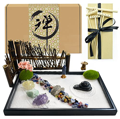 Artcome Kit da giardino giapponese Zen per scrivania con rastrello, supporto, rocce e mini articoli di arredamento, mini tavolo Zen Sand Garden Kit,Regali per meditazione