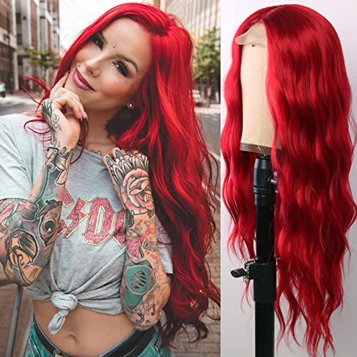 GIANNAY - Peluca rizada roja para mujer, cabello sintético de encaje frontal de onda larga, color sangre, 24 pulgadas (mujeres blancas)