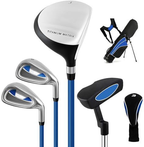 GYMAX Junior Kids Golf Club Set, Boys & Girls Right Hand Complete Golf Clubs Set with Bag, 3# Fairway Wood, 7# & 9# Irons, Putter and Head Cover, Youth Beginners Practice Pole (8-10 Years Old, Blue)