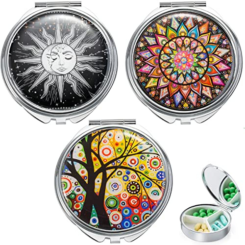 3 Stück Metall Pillendose Rund Kleine Pillendose frauTablettendose Pill Box 3 Fächer mit Spiegel Tragbare Edelstahl Pillendose Metall Vitamine Medizin Tablet Organizer Case für Tägliche und Reise