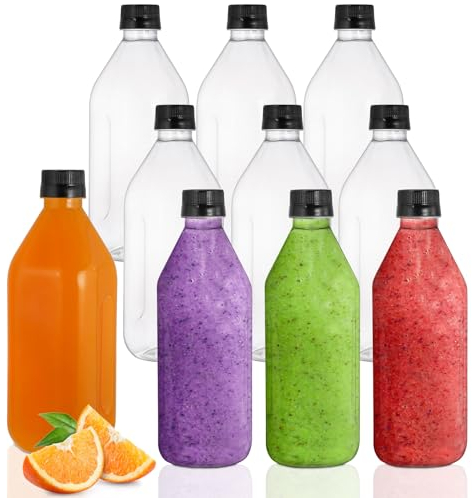 Coloch 10 Pack 1L Plastic Juice Bottles with Black Caps, 33 Oz Empty Clear Soda Bottle Reusable Drink Container Plastic Milk Bottle for Water, Juice, Beverage, Cold Drinks, Picnic, Home Use