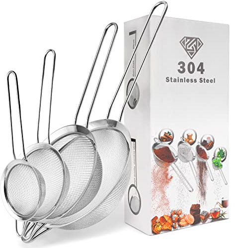 AyZou® Küchensieb - Set feinmaschig 304 Edelstahl - [Spülmaschinenfest] - 8/10/12/14cm - Feinmaschsieb 4er Set zum Backen und Kochen - Vier Größen (klein bis mittel)