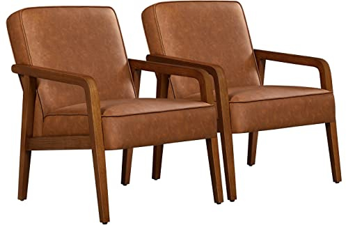 Yaheetech 2 stycken vintage loungefåtölj, stoppad stol, TV-fåtölj, läsfåtölj, enkelsoffa för vardagsrum/sovrum/kontor/reception/hemmabio/balkong, ljusbrun