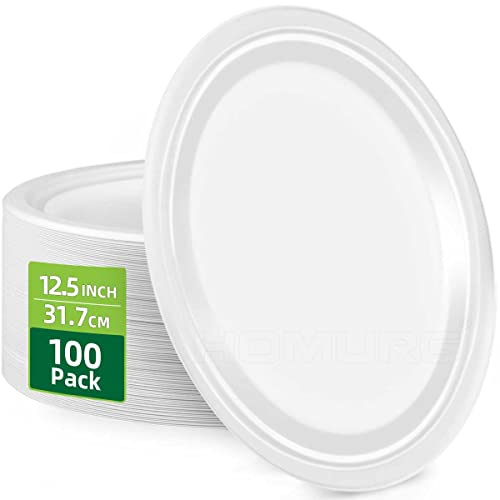 HOMURG 12.5 Inch Oval-Shaped White Disposable Paper Plate, Heavy Duty Large Oval Dinner Plates Bulk, Eco-Friendly Super Rigid Party Appetizer Dessert Tableware, Holiday Camping Dishes Set 100 Pack
