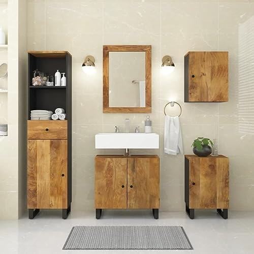 vidaXL Badmöbel Set 5 tlg., Waschbeckenunterschrank mit Holzbeinen, Spiegel für Badezimmer, Badspiegel Badschrank Badezimmerschrank Hochschrank Wandschrank, Massivholz Mango