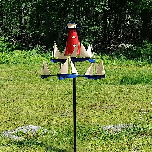 Segelboot & Leuchtturm Whirligig Windspiel – Kinetische Kunst Skulptur; Outdoor Garten Ornamente Dekor für Hof, Terrasse, Rasen – Whirly Spinners, Windmühlen, Wirbel Gigs in elegantem Segelboot-Design