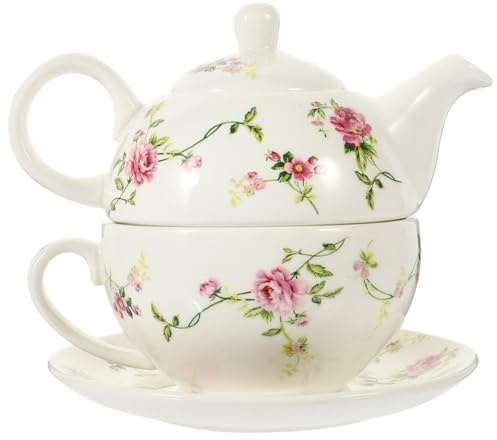 BRIGHTFUFU Juego de tetera de cerámica con taza y platillo, diseño que ahorra espacio para el té posnoon, elegante juego de té blanco para los amantes del té y regalo