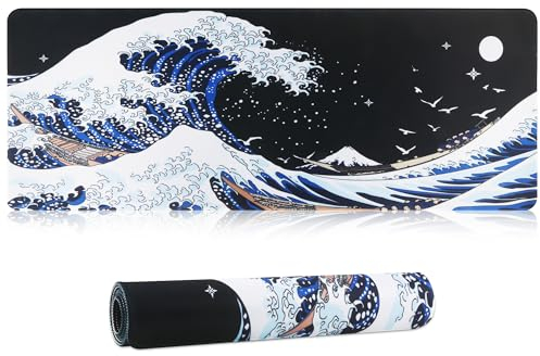 HoYiXi Gaming Tapis de Souris Extra Large Mouse Mat d'ordinateur Pad de Bureau Surface Lisse et Base en Caoutchouc Anti-dérapant Soft Cloth XXL Mouse Pad 600 x 300 x 3 MM, (Vague)