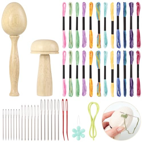 50-teiliges Stopfeier-Stopfpilz-Set für Socken, Stopfeier und Pilz-Set, Nähwerkzeug, Reparatur-Stopfzubehör, Set mit stumpfen Nadeln mit großem Öhr, 12 farbige Nähgarne