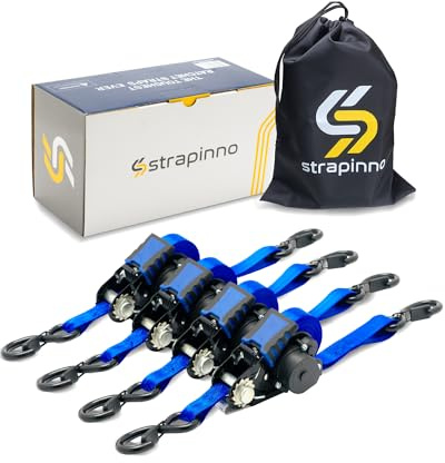 Strapinno Retractable Ratchet Straps - 1 in x 12 ft Heavy Duty Tie Downs, 1800lbs Breaking Strength Each, S Hooks with Safety Clip, AutoRetract, for Moving, Motorcycle, Boat, Kayak, and Cargo (4 PCS)