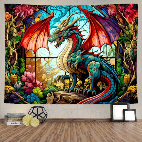 Ine Ive Fantasy-Drachen-Wandteppich, Vintage, mittelalterlicher Drache, Wandposter, groß, 203 x 152 cm, Buntglas-Fenster-Tapisserie, Wandbehang für Schlafzimmer, Wohnheim, Heimdekoration