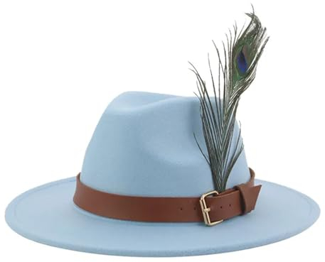 YRHUGHB Hut Fedoras Hüte für Damen Filzaccessoires Herren Filzhut Gürtel Feder Vintage Mode Luxus Feder Fedora (Farbe: Blau, Größe: 56–58 cm)