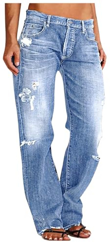 Straight Leg Jeans Women Mid Rise Ripped Denim Jeans Elasticated Waist Baggy Stretch Denim Pants Cowboy Trousers Zipper Closure Long Pants Casual Sports Trousers with Pockets Boyfriend Jeans Ladies