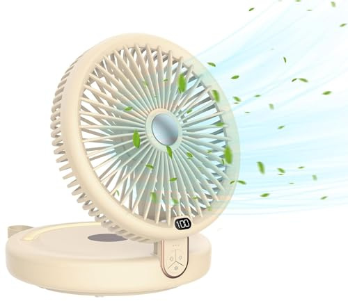 MEISEISHOP Ventilateur de Table, 120° D'oscillation Automatique, Eclairage LED, Ventilateur à 6 Vitesses, Ventilateur Silencieux Pliable, Convient à la Maison, au Bureau, à la Chambre à Coucher (Kaki)