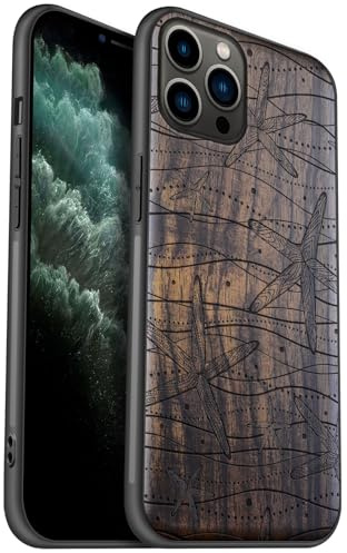 Carveit Coque en Bois pour iPhone 11 Pro Étui Protection Artistique Cover TPU Souple de téléphone Antichoc Compatible avec Apple 11 Pro Etui (Bois Sombre-Tapisserie des étoiles de mer)