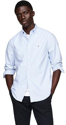 Tommy Hilfiger Men's Long Sleeve Oxford Shirts in Regular Fit, Men's Button Down Shirts, Also Available in Big and Tall Cloudy Blue/White X-Small