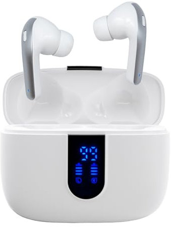 iggual-Auriculares Inalámbricos Bluetooth 5.3 con Micrófono. Cascos Bluetooth con Cancelación de Ruido CVC8.0, Pantalla LED, Control Táctil, USB-C, Resisten al Agua y Sudor, para Android-iOS(Blanco)