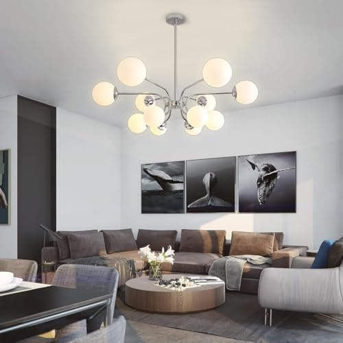 LYSDjia Sputnik Pendelleuchte 12-flammig Mid Century Metallkronleuchter für Esszimmer Kücheninsel moderner Kugel-Kronleuchter Deckenleuchte für Wohnzimmer Eingangsbereich Foyer Hängeleuchte(Chrome)