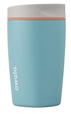 Owala SmoothSip Slider Insulated Stainless Steel Coffee Tumbler, Reusable Iced Coffee Cup, Hot Coffee Travel Mug, BPA Free 12 oz, Grey/Blue (Beachy Breeze)