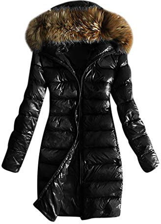 BOTCAM Women's Long Winter Jacket with Hood, Faux Fur Trim, Warm Down Coat, Shiny Parka, Zip, Outdoor Hoody, Black, L