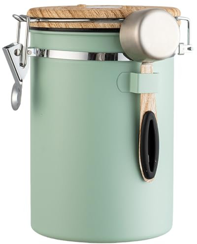Pasdrucn 1.8L Kaffeedose Luftdicht Aus Edelstahl, Kaffeebohnen Behälter Mit Edelstahl Löffel Und Zeiterfassung Speichern, Vakuum Kaffeebohnen Aufbewahrung Vorratsdose (Grün)