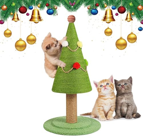 Poste rascador para árbol de Navidad, árbol de Navidad para gatos, árbol alto de dibujos animados con estéticos, cuerda de sisal natural, bolas de para gatitos y gatos de interior