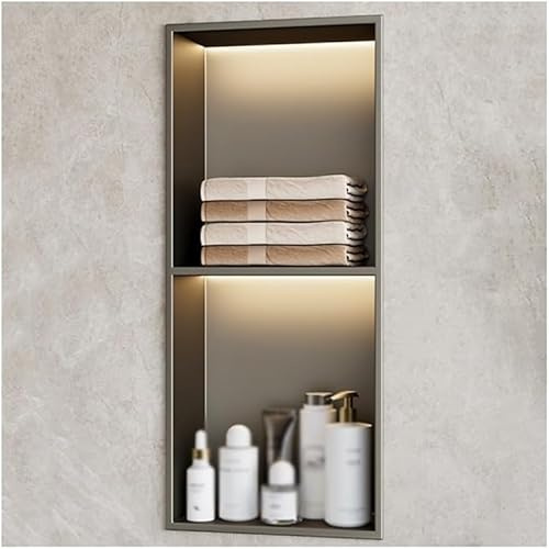 PRMTYUP Wandnische FüR Badezimmer, Moderne Duschnische Aus Edelstahl Mit Led-Licht, Wasserdichtes Badezimmerregal Zur Aufbewahrung, Keine Fliesen Erforderlich,Grau,70x28x12.5cm