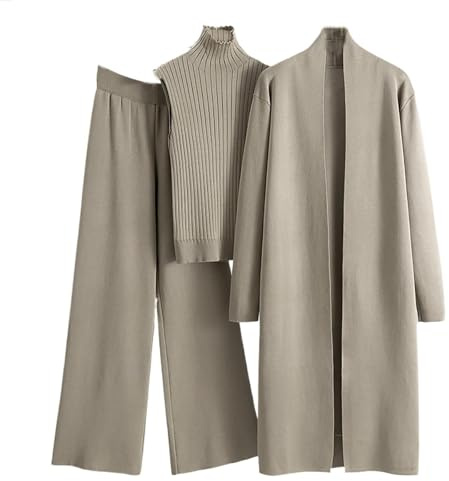 Damkläder set dammode sammet 2025 trendig dam 3-delat stickat set långärmad cardigan ärmlös polotröja linne och breda ben byxor matchande set pyjamas för kvinnor Storbritannien, Khaki, A