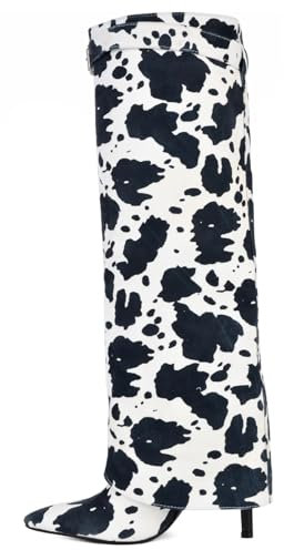 LIUHD Kniehohe Stiefel Zum Umschlagen für Damen, Hohe Stiefel mit Stilettoabsatz und Spitzer Zehenpartie,Kuhfell-Print-Design Zum Hineinschlüpfen Partyschuhe,A,42